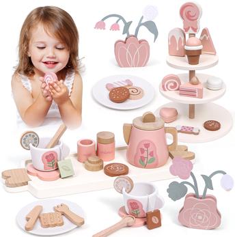  BUYGER Wooden Tea Party Set for Toddler Little Girls 3-5 with  Teapot Tea Cup Set Wooden Play Food Toy Kitchen Accessories for Kids Girls  Children Boys Toddler : Toys & Games