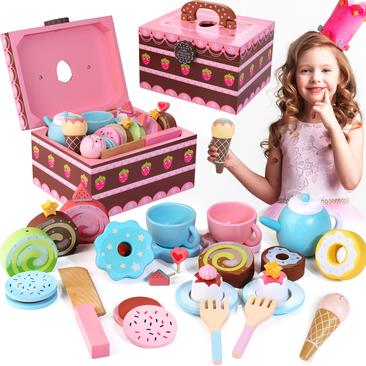  BUYGER Wooden Tea Party Set for Little Girls, Kids Wooden  Kitchen Sets Play Food Accessories with Teapot Tea Cup Dessert Toys Tea Set  Pretend Play Gifts for Kids Girls Toddler 3-5