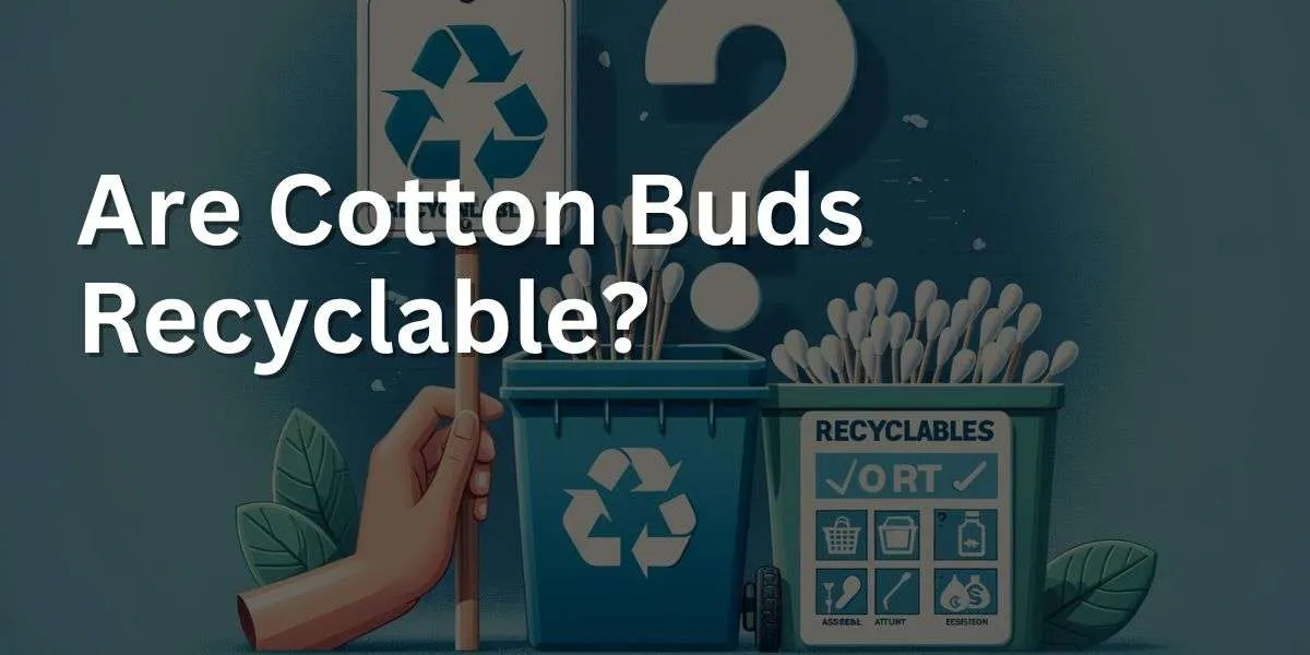 image depicting a question about the recyclability of cotton buds. The scene includes a recycle bin labeled 'Recyclables' with an information tag showing icons of acceptable items. Next to the bin, there's a hand holding a cotton bud over it, hesitating to drop it in.