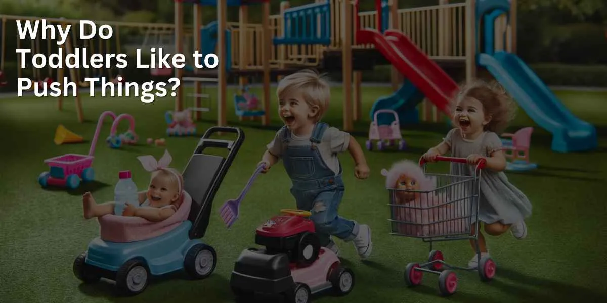 Toddlers are shown joyfully pushing various toys in a playground. The toys include a toy lawnmower, a doll stroller, and a shopping cart. The background features grass, slides, and swings, enhancing the playful outdoor setting.