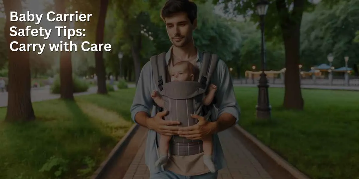 A parent is shown walking in a park, wearing a baby in a baby carrier. The setting includes trees and a path. The baby appears secure and comfortable in the carrier, and the parent looks content and relaxed.
