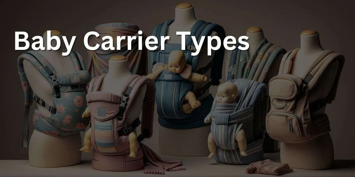 The image shows a variety of baby carriers including a soft structured carrier, a ring sling, a wrap carrier, and a backpack carrier. Each carrier, distinct in color and pattern, contains a baby doll, demonstrating their usage. The background is neutral, emphasizing the carriers.