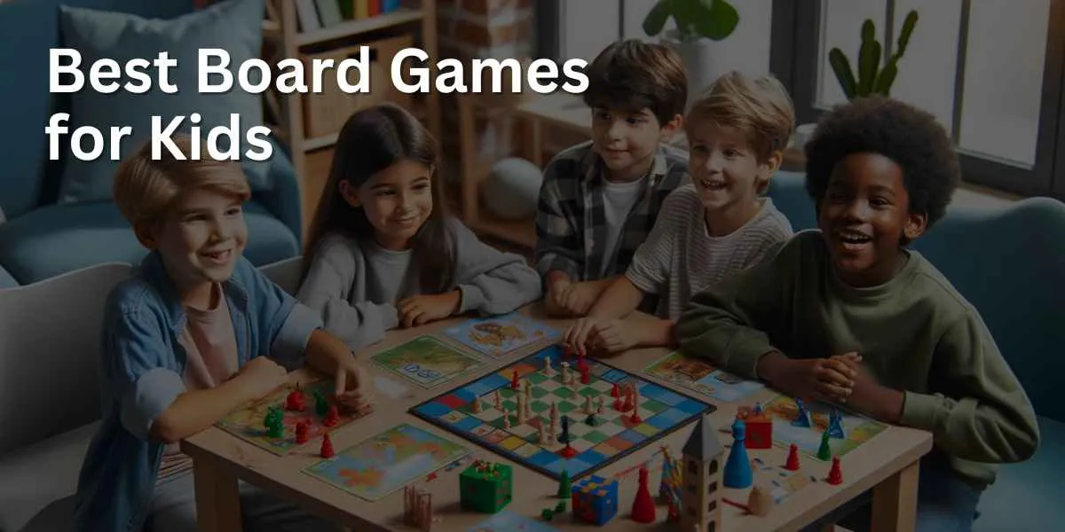 Children of diverse ethnicities are happily playing board games together. They are seated around a table, engaging in games that require strategy and teamwork. The setting is a bright and friendly playroom, creating a welcoming atmosphere for their group activity.