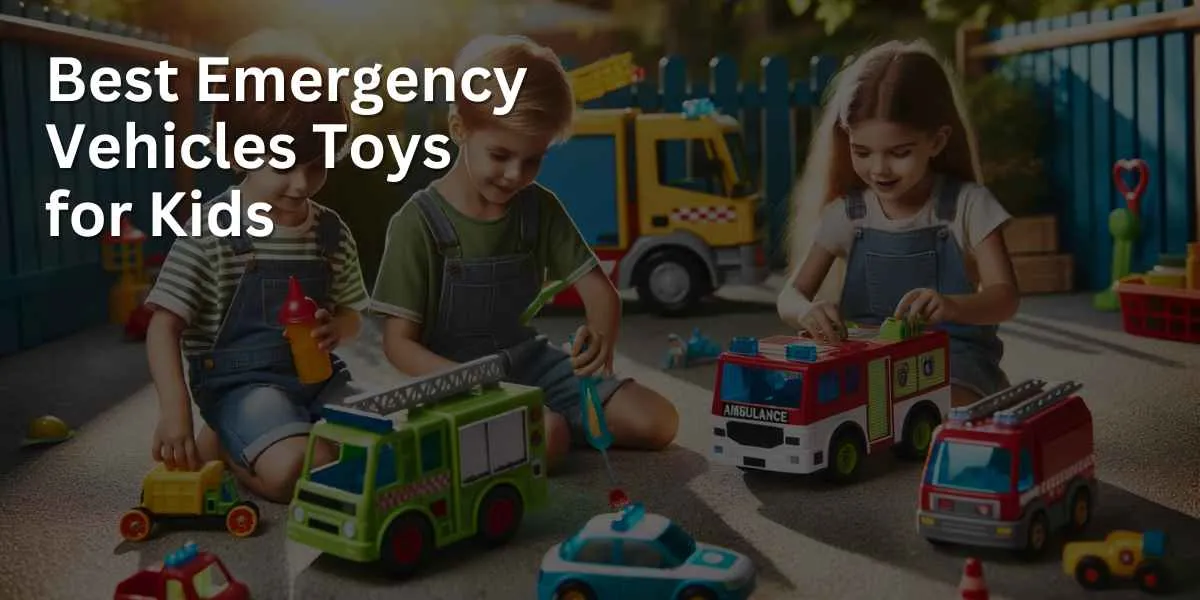 Children are playing with different emergency vehicle toys, including a fire truck, an ambulance, and a police car. The play is set in a colorful and lively outdoor environment, showcasing the children's teamwork and imaginative play.