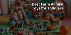 A toddler is joyfully playing with farm animal toys in a playful and colorful indoor setting. The toys include miniature cows, horses, and a toy barn, contributing to the child's imaginative and engaging play experience.