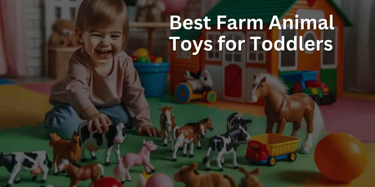 A toddler is joyfully playing with farm animal toys in a playful and colorful indoor setting. The toys include miniature cows, horses, and a toy barn, contributing to the child's imaginative and engaging play experience.