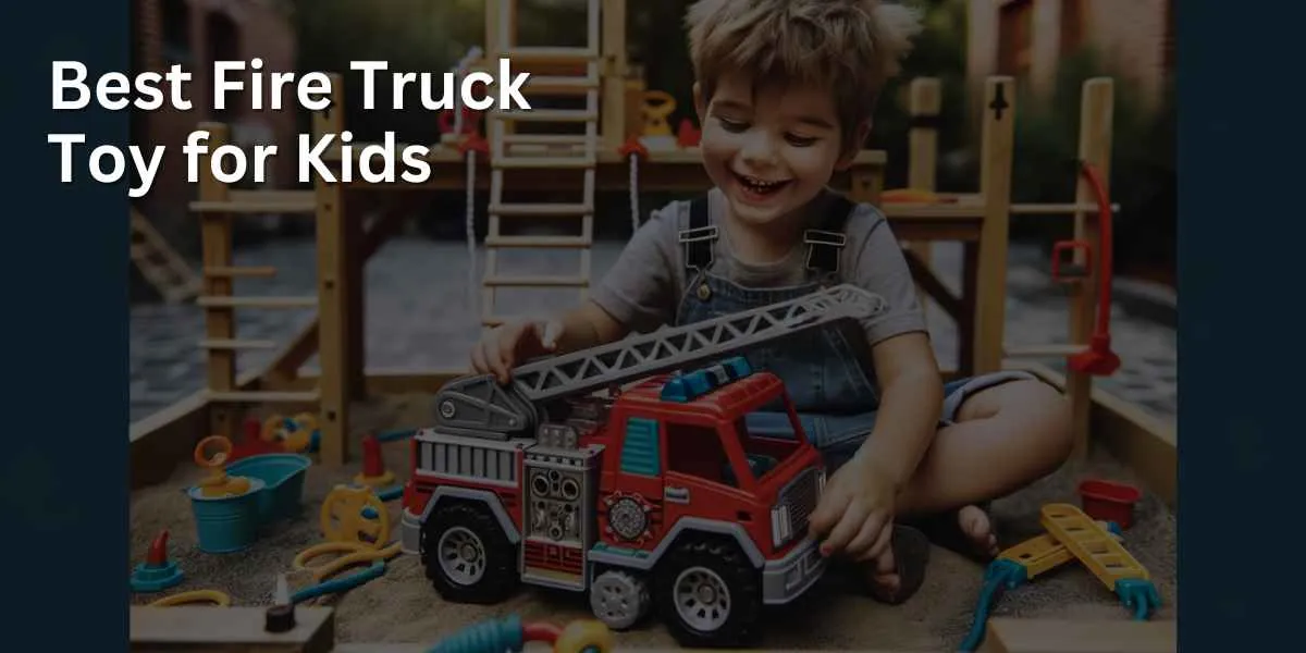 A child is depicted playing with a toy fire truck, which is equipped with ladders and hoses. The setting is outdoors and playful, capturing the child's imagination and joy in the activity.
