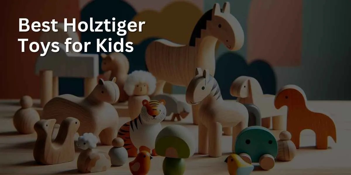 A variety of Holztiger wooden toys, including a horse, tiger, sheep, and bird, crafted in bright, child-friendly colors and displayed on a light wooden surface with a colorful background.