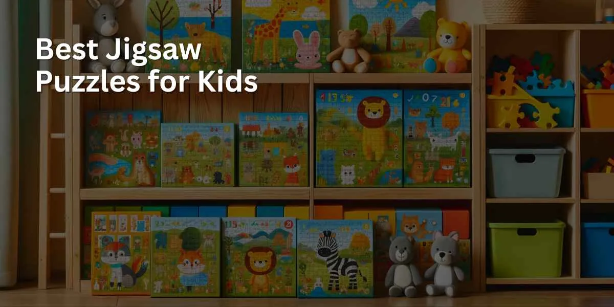 A collection of jigsaw puzzles for kids is displayed on shelves in a cheerful playroom. The puzzles feature bright and educational designs, including animals, numbers, and landscapes, appealing to the interests and learning of children.