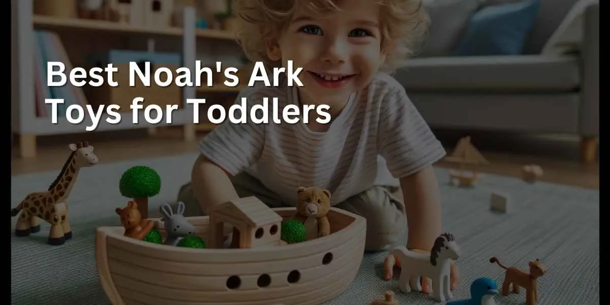 A toddler is happily playing with a wooden Noah's Ark toy set in a bright and child-friendly playroom. The toy set includes pairs of animals and a boat, providing an engaging and imaginative play experience for the child.