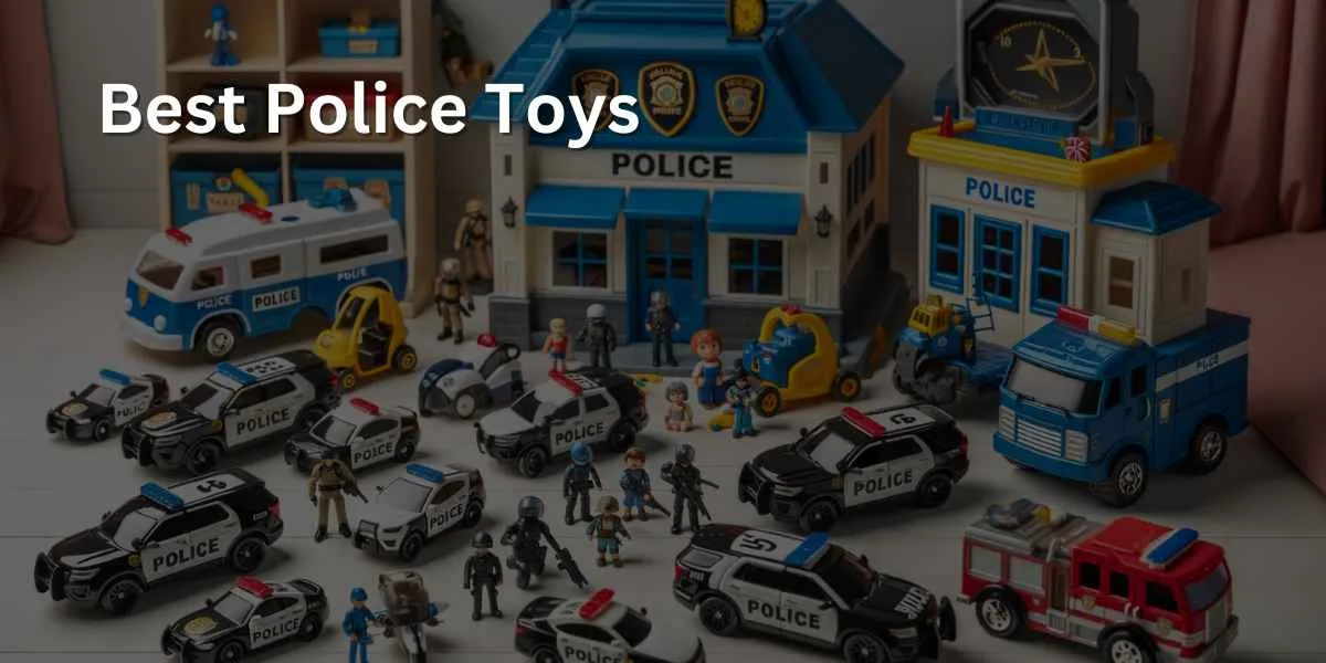 A collection of the best police-themed toys for kids is displayed, including toy police cars, action figures, and a small police station set. These toys are arranged in a fun and engaging play area, designed to stimulate imaginative play and interest in law enforcement themes.