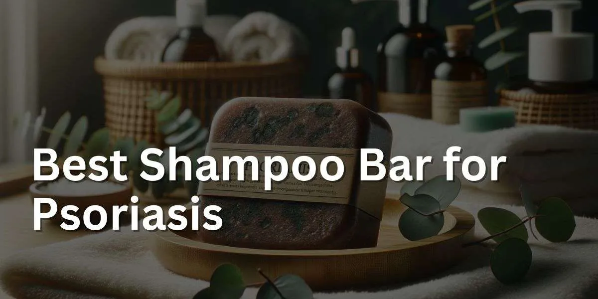 Image of a shampoo bar designed for psoriasis on a bamboo dish in a spa-like bathroom setting. The bar is rich in texture and infused with therapeutic oils, showcased by a clear label indicating its purpose. Around the shampoo bar, there are eucalyptus leaves and other natural ingredients known to soothe psoriasis, such as aloe vera and tea tree. The environment is calm and soothing, with soft lighting and a plush white towel in the background.