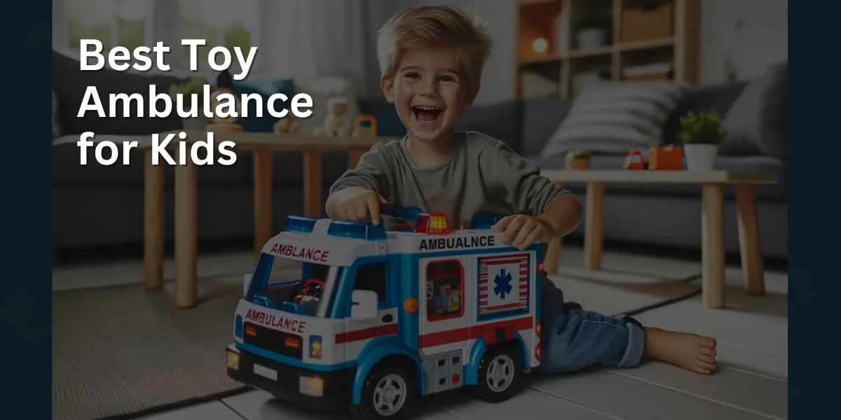 A young child is joyfully playing with a toy ambulance, which features realistic details like flashing lights and a siren. The play is taking place in a home play area, emphasizing the child's engagement and imagination.