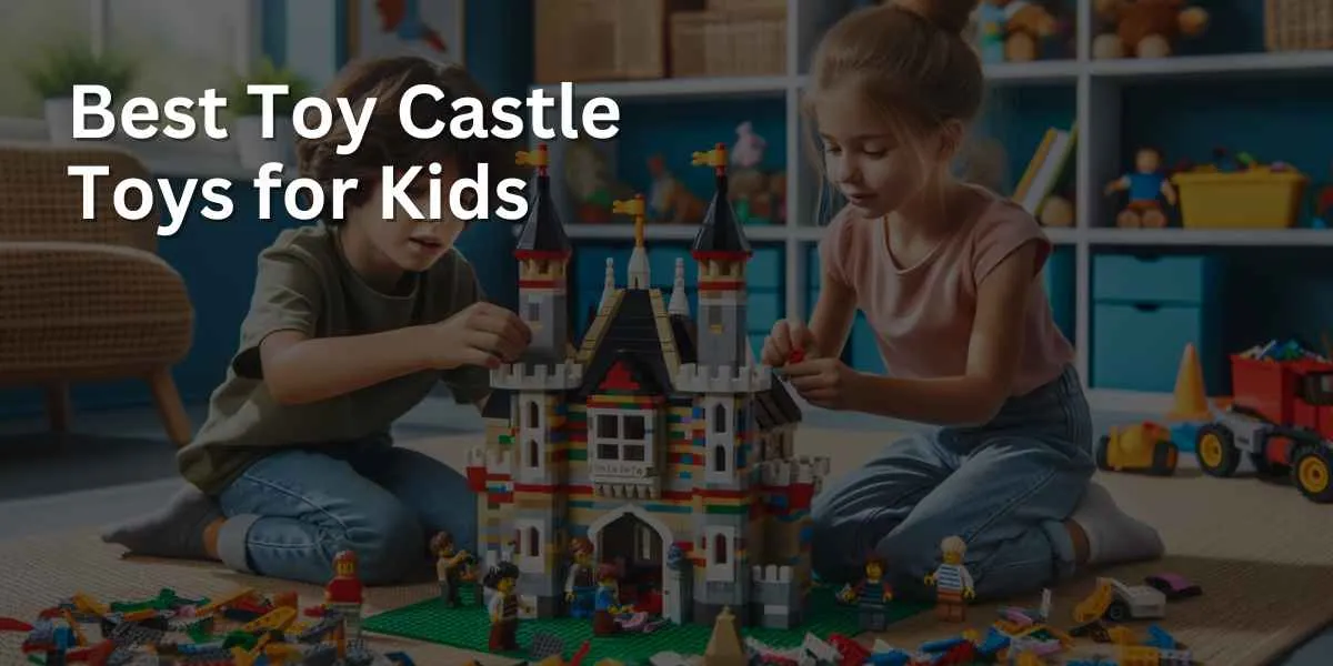 Two kids engaged in building a colorful and intricate Lego castle, one attaching a piece to the top and the other sorting Lego pieces, in a bright, cheerful playroom with a large mat and shelves with toys and books.