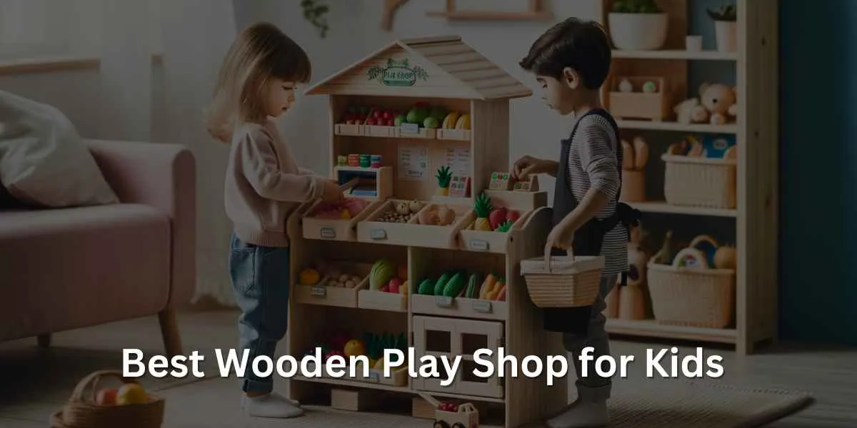 Two kids playing on a wooden play shop in a bright playroom, with one child as the shopkeeper behind a counter with a toy cash register, and the other as a customer selecting items with a small basket, surrounded by colorful toy products and educational toys.