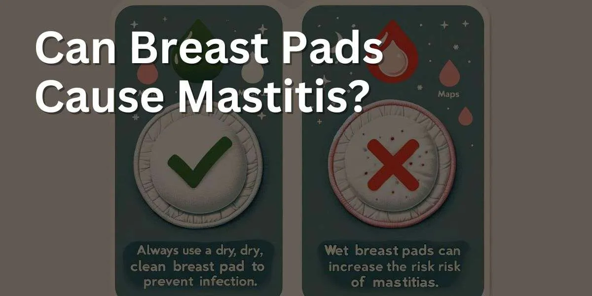 A split-screen educational image on breast pad usage. On the left side, there's a clean, dry, round breast pad with a bright green checkmark above it, symbolizing proper usage. The right side shows a damp, used breast pad with a red cross above it, warning against the risk of mastitis from improper use. Below each image, there are captions: 'Always use a dry, clean breast pad to prevent infection' on the left, and 'Wet breast pads can increase the risk of mastitis' on the right.