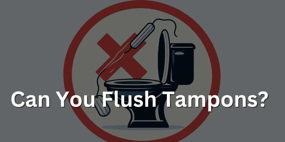 An educational illustration of a tampon being flushed down a toilet, with a red 'X' symbol indicating it's incorrect. The toilet is shown in side view, with the tampon halfway down the bowl, emphasizing the importance of proper disposal.