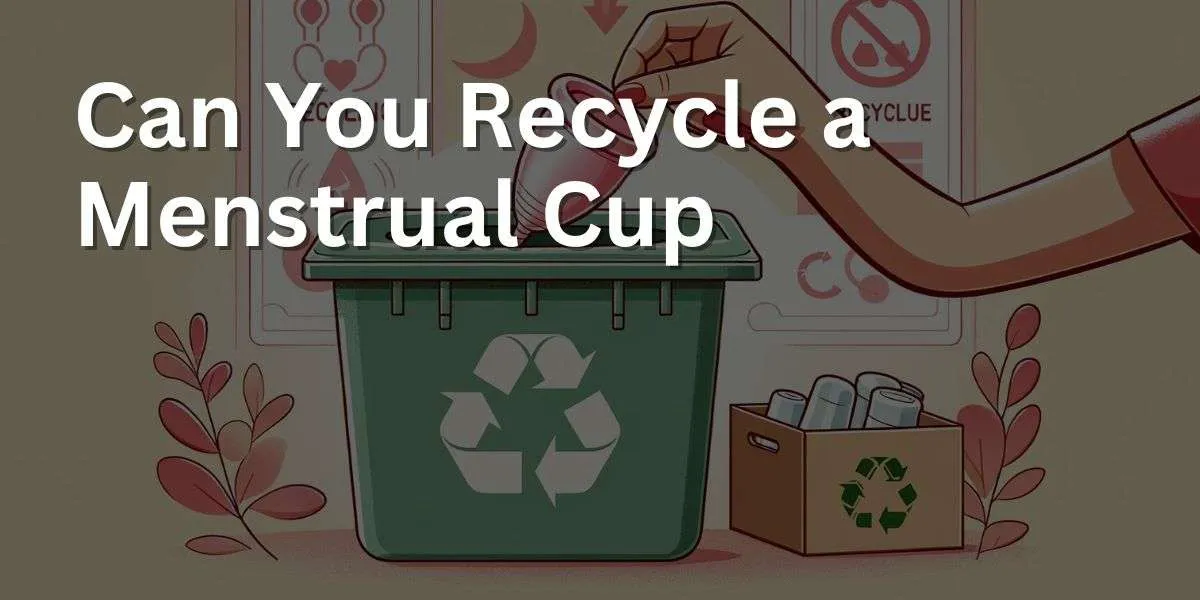 The illustration shows the process of recycling a menstrual cup. A menstrual cup is being placed into a designated recycling bin, which is clearly marked for menstrual products or silicone items. The background features symbols and signs that represent recycling, sustainability, and environmental responsibility. The image emphasizes the eco-friendly aspect of menstrual cups and the importance of their responsible disposal and recycling in an eco-conscious lifestyle.