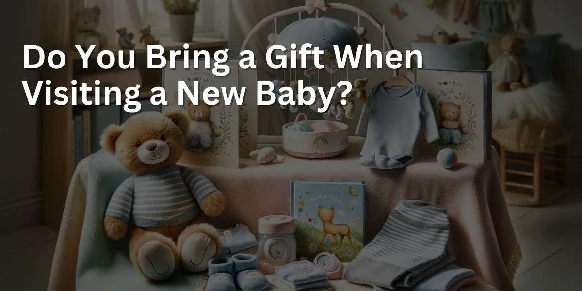 The image features a collection of newborn baby gifts displayed on a soft, pastel-colored blanket. The items include a plush teddy bear, a set of pastel-colored baby clothes (onesie, hat, and booties), a colorful baby book, and a musical mobile with whimsical animal figures. The scene is serene, highlighting the soft textures and calming colors of the gifts