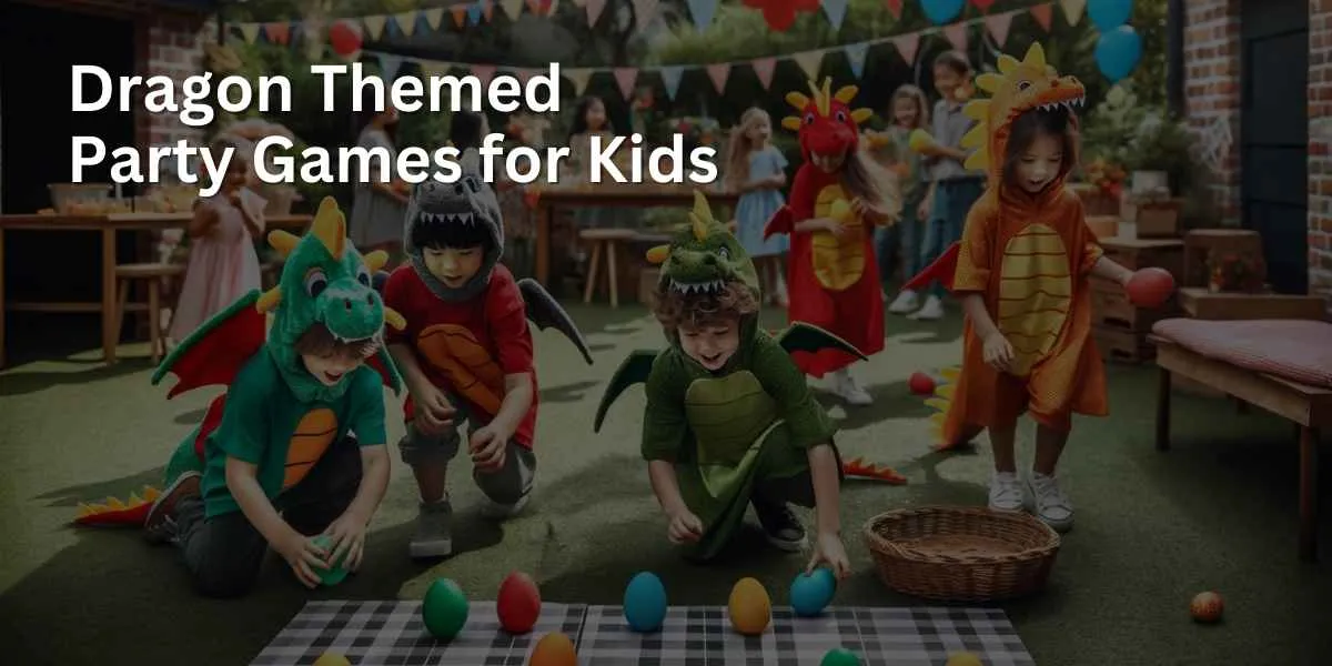 Children in vibrant dragon costumes enthusiastically searching for hidden dragon eggs at a dragon-themed party in a backyard, decorated with colorful banners and balloons. The scene is lively, capturing the excitement and imagination of the children engaged in the egg hunt.