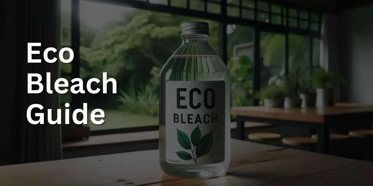 Photo of a clear glass bottle labeled 'Eco Bleach' on a wooden countertop. Behind it, a window reveals a lush green garden, emphasizing the eco-friendly nature of the product. The bottle design is modern and minimalistic, with a leaf motif.