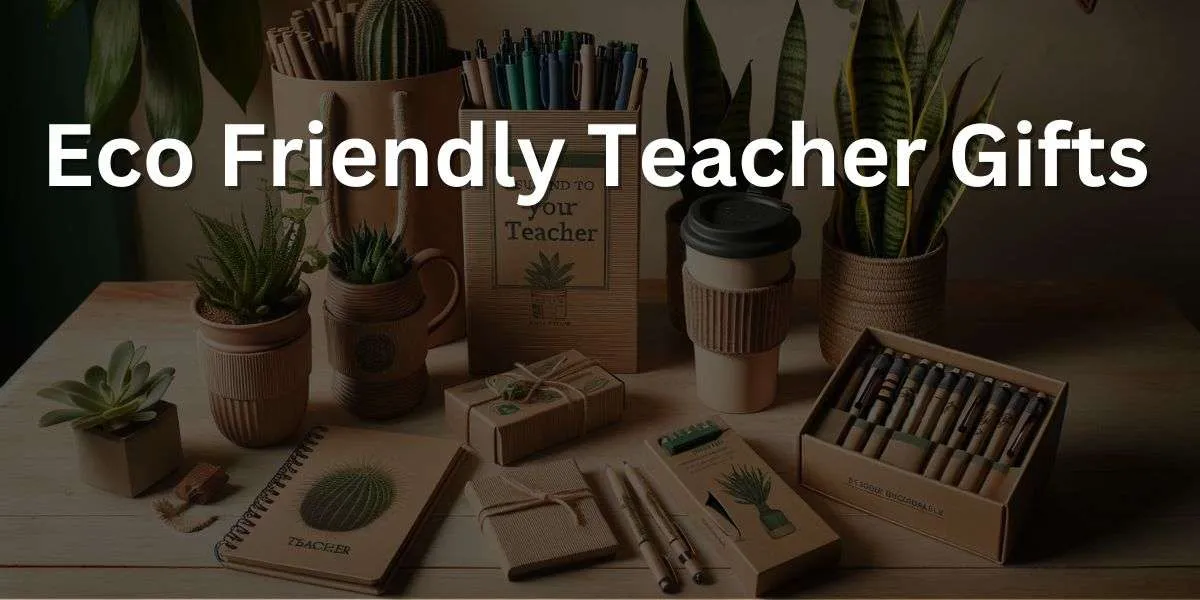 The image showcases a collection of sustainable and eco-friendly gifts for a teacher, arranged on a wooden table. The set includes a reusable coffee cup made from sustainable materials, eco-friendly pens and pencils in a recycled paper box, a recycled paper notebook with an inspirational education quote on the cover, and a potted indoor plant in a biodegradable pot. The scene has natural, earth-toned aesthetics, emphasizing eco-consciousness