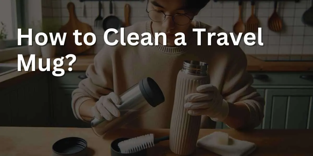 Photo of a kitchen scene where a person, of East Asian descent, is disassembling a travel mug, separating the lid and body. They are about to clean it using a brush and eco-friendly dish soap, emphasizing the thorough cleaning process.