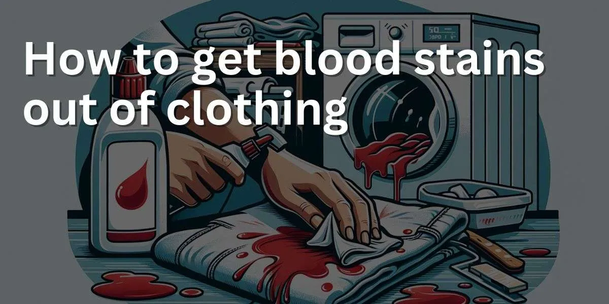 An illustrative scene in a laundry room showing a person removing blood stains from clothing using a stain remover. The focus is on the stained garment, a bottle of stain remover, and a cloth, with a washing machine in the background, depicting an organized approach to laundry care.