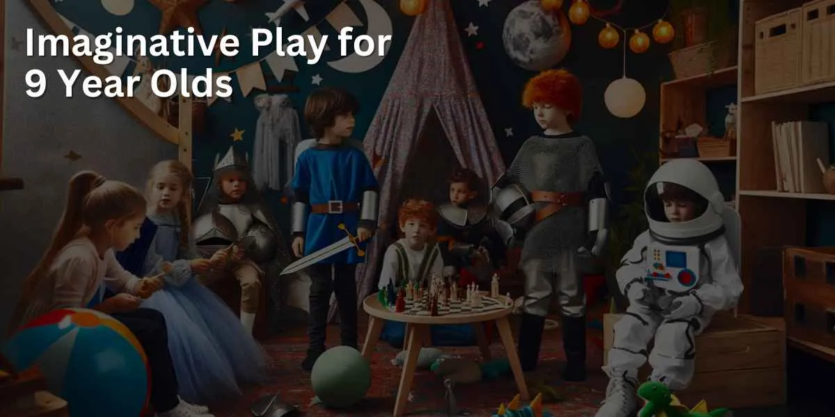 A group of 9-year-old children are deeply involved in imaginative play in a playroom. They are dressed in various costumes, including astronauts, knights, and fairies, reflecting themes of space, medieval times, and an enchanted forest. The room is creatively decorated to enhance these themes.