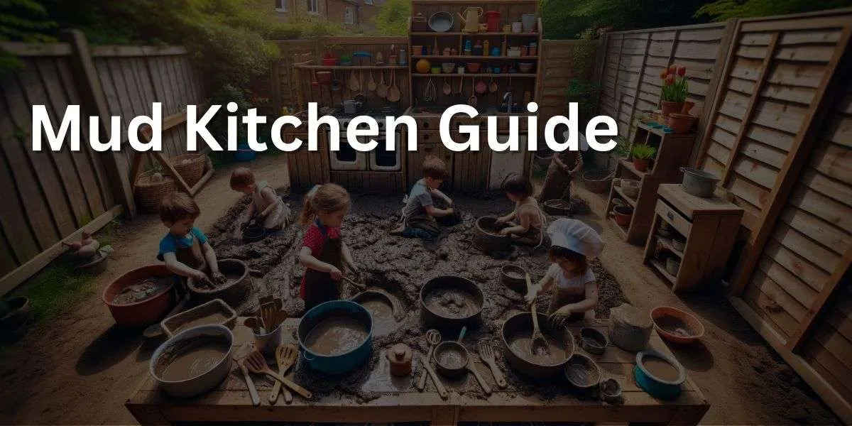 Wide-angle photo of a mud kitchen play setup in a backyard setting. The kitchen is made of wood and equipped with old pots, pans, utensils, and a water source. Children of various descents are playing, mixing mud pies and pretending to cook. The scene is lively and imaginative, with the children wearing aprons and chef hats, engaged in creative outdoor play.