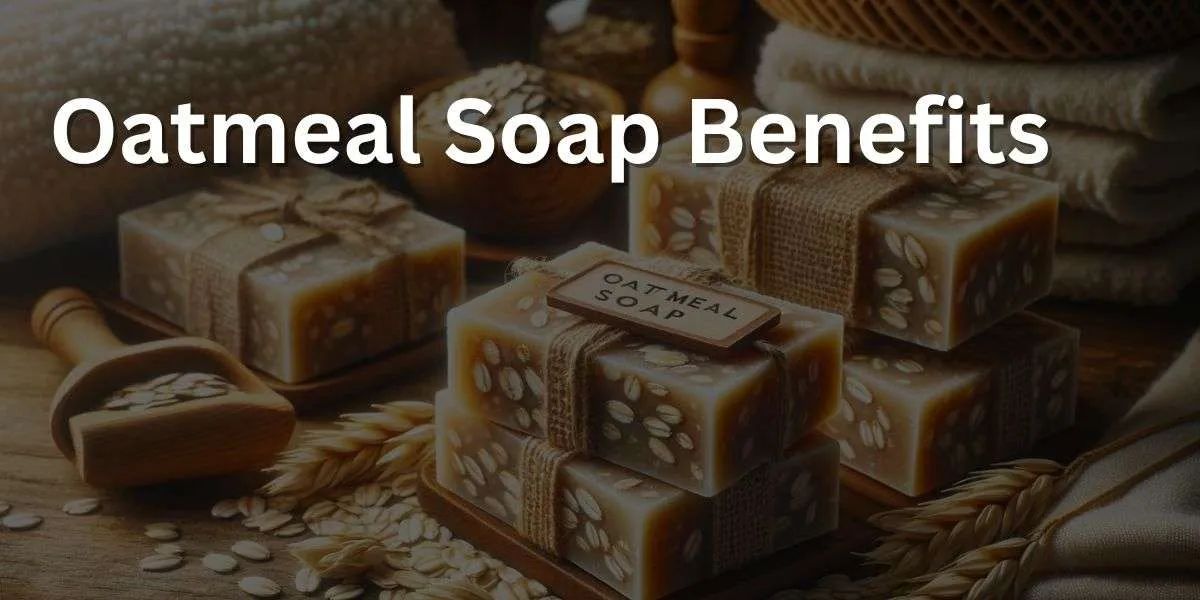 The image captures artisanal oatmeal soap bars with a handcrafted charm, displayed on a wooden surface. Each bar is richly textured, with visible oats throughout, emphasizing their natural exfoliating quality. Oat grains and delicate stalks are artfully strewn around the soaps, reinforcing their primary ingredient. The backdrop blurs into a cozy bathroom setting, where a plush white towel and a wooden scoop hint at a serene spa experience. Warm, gentle lighting bathes the scene, enhancing the handcrafted allure and invoking a feeling of relaxation. Prominently, each soap bar features a round, elegantly designed label that reads 'Oatmeal Soap' in a clear, refined typeface. The overall image radiates the wholesome appeal of natural skincare, suggesting the comfort and simplicity of home wellness.