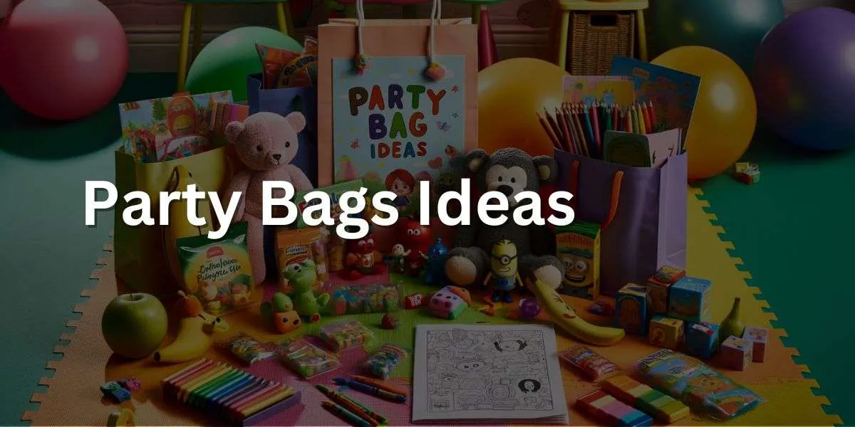 The image presents an array of party bag ideas for toddlers, arranged on a colorful children's play mat. The bags contain items such as small, soft plush animal toys, chunky crayons with a simple coloring book, safe plastic figurines of cartoon characters, and individually wrapped healthy snacks like fruit slices or cheese sticks. The scene is playful and tailored for young children, highlighting colorful and age-appropriate items in the bags