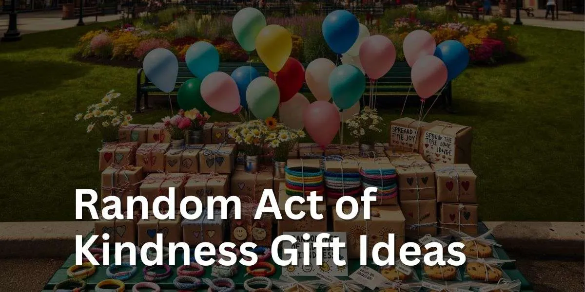 The image displays a variety of random act of kindness gifts arranged in a community park setting. It includes handmade friendship bracelets in multiple colors, small handwritten notes attached to colorful balloons, individually wrapped homemade cookies labeled 'Made with Love', and little potted flowers like daisies or sunflowers with 'Spread the Joy' tags. The outdoor setting features greenery and park benches