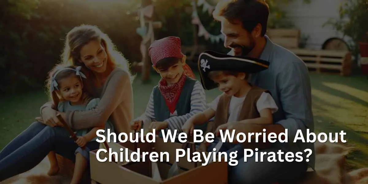 Parents affectionately watching their kids play pirates, with one parent sitting on a bench and the other standing nearby. The kids, in makeshift pirate costumes, are using a cardboard box as a ship in a sunny backyard with green grass and trees.