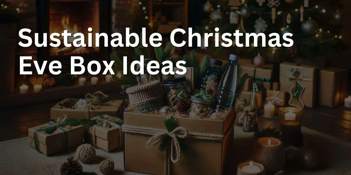 A Christmas Eve box made of recycled materials, filled with eco-friendly gifts like reusable water bottles and organic snacks. It's decorated with pine cones, evergreen sprigs, and a hemp ribbon, set in a cozy living room with a fireplace and a Christmas tree illuminated by LED lights.