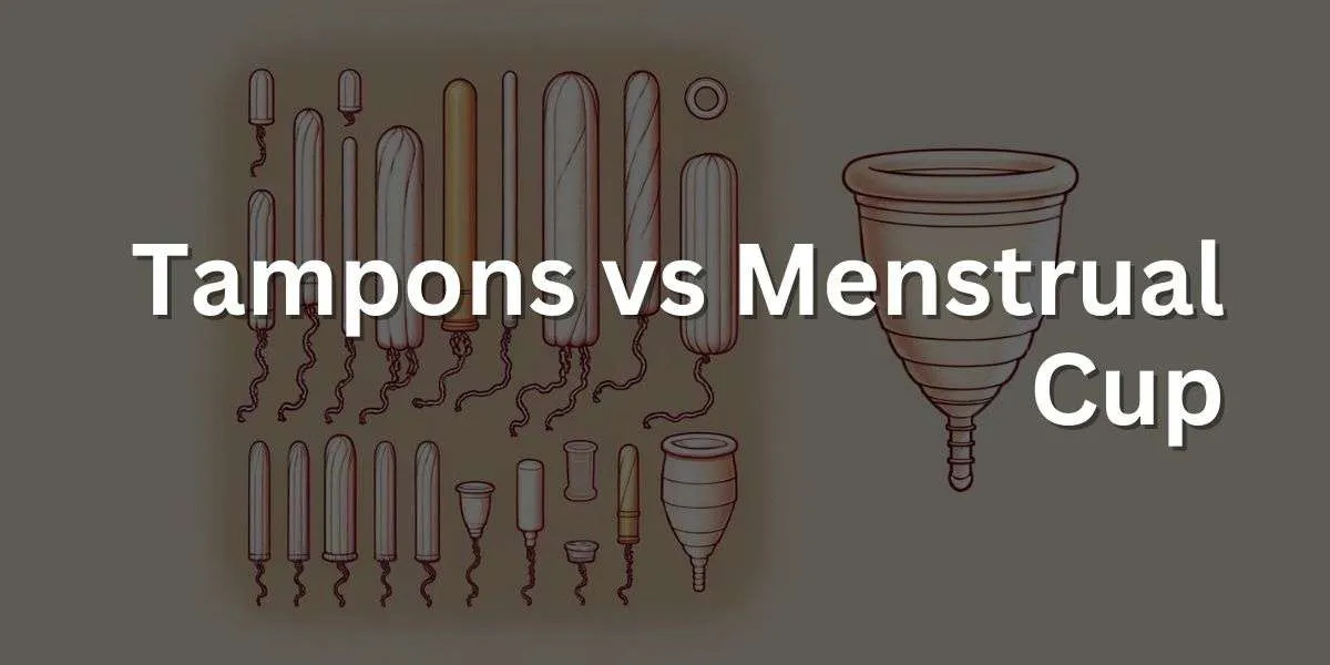 The illustration provides a comparison between tampons and a menstrual cup. On the left side, various tampons are displayed, including both applicator and non-applicator types, with a focus on their cylindrical shape and compact design. On the right side, a menstrual cup is depicted, emphasizing its flexible, bell-shaped design and reusable nature. The neutral background directs attention to the differences in shape, usage, and environmental impact between the two menstrual products.