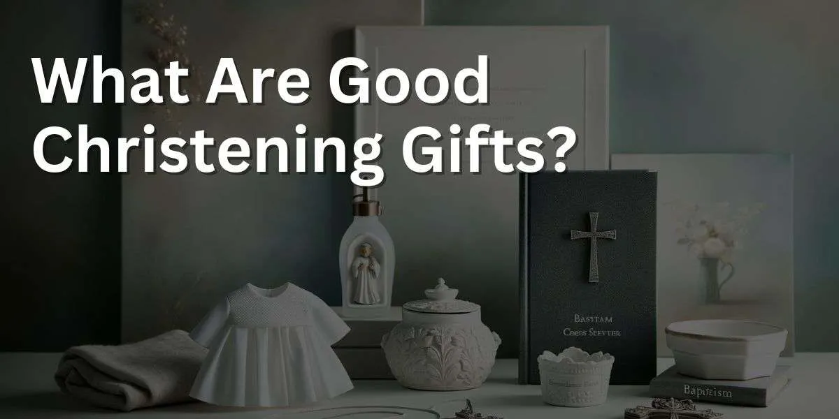 A display of baptism gifts including a white gown, silver cross necklace, personalized bible, and ceramic keepsake, arranged against a serene backdrop. The items blend spiritual significance with heartfelt sentiment, set in a calm and soothing atmosphere.