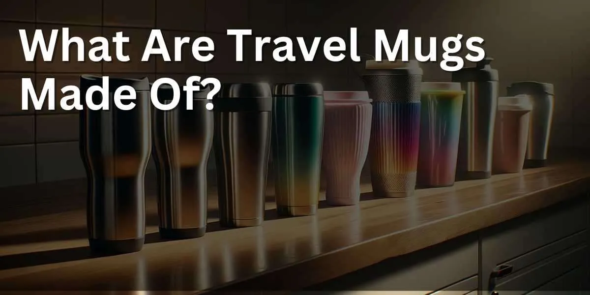 Photo of a kitchen countertop where various travel mugs are arranged in a line. From a sleek stainless steel mug to a transparent glass one and a colorful plastic version, each mug's material is evident. Soft lighting emphasizes the unique characteristics of each material.