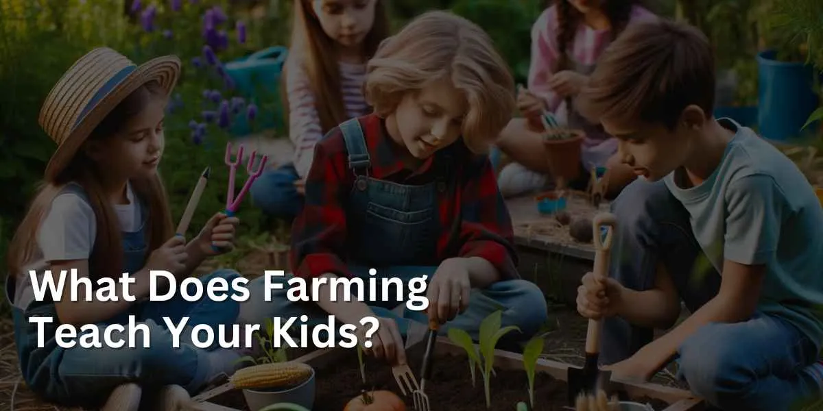 Children are engaging in a farming educational activity in a safe and supervised outdoor garden setting. They are learning how to plant and care for crops, using small gardening tools, demonstrating an interactive approach to understanding agriculture.