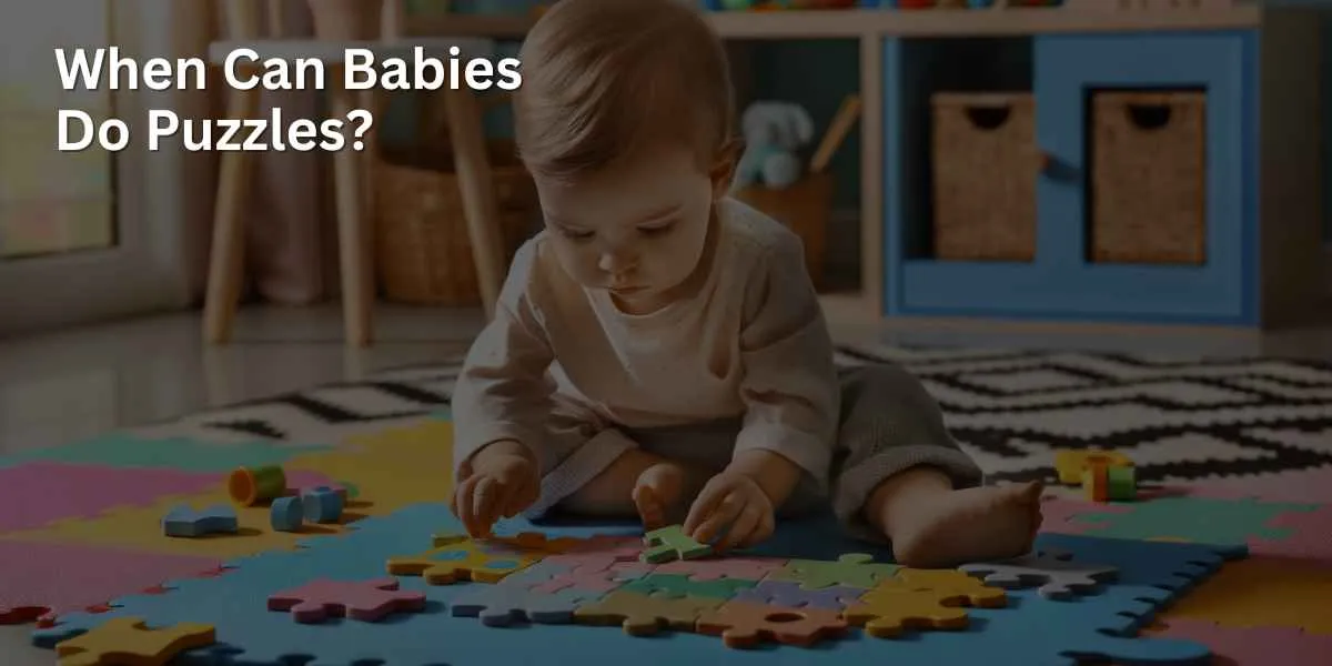 A baby is intently engaged in solving a simple puzzle. The baby is sitting on a play mat, surrounded by large puzzle pieces, in a room that is colorful and designed to be child-friendly.