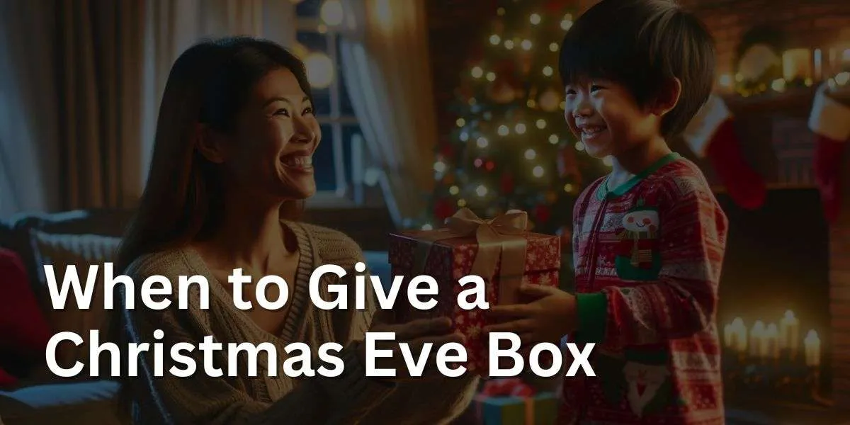 In a festively decorated living room, an Asian parent with a warm smile is giving a beautifully wrapped Christmas Eve box to a happy and excited Caucasian child in festive pajamas. The scene, with a Christmas tree, twinkling lights, and stockings by the fireplace, radiates a cozy and joyful Christmas spirit.