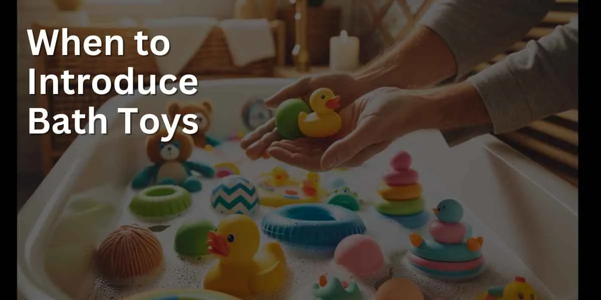 A parent is introducing bath toys to a child during bath time. The scene features colorful and fun toys, including rubber ducks and floating rings, set in a warm and inviting bathroom environment, enhancing the child's bathing experience.