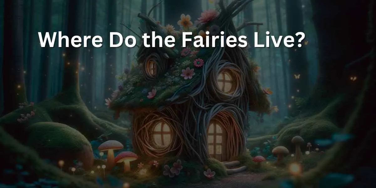 A small, enchanting fairy home in a magical forest, with walls of intertwined branches and leaves, a roof of colorful flower petals and moss, tiny glowing windows, surrounded by glowing mushrooms, fireflies, and flowers, all under twilight's mystical light.