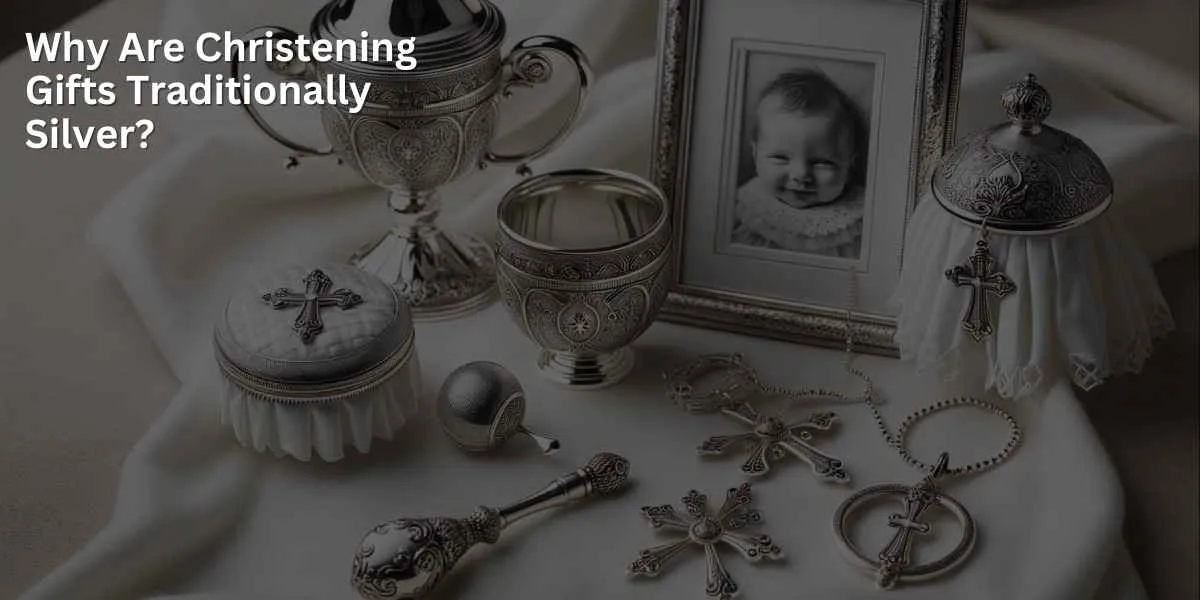 A collection of elegant silver christening gifts is displayed on a soft, white fabric background. The items include a silver baby cup, a photo frame, a rattle, and a cross pendant, each featuring intricate designs and craftsmanship.