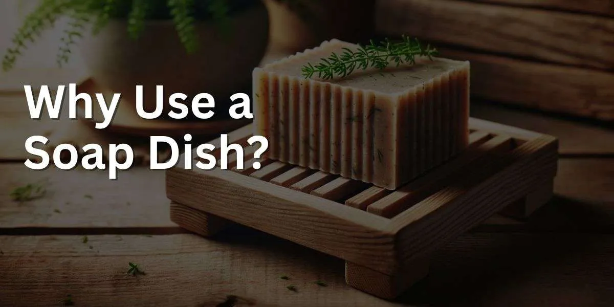 A handmade bar of soap with a rustic, textured appearance, placed on a simple wooden soap dish. The dish features slats to allow water to drain, highlighting the soap's handcrafted nature. The soap has a rich, creamy color with flecks of herbs visible in the mixture, suggesting natural ingredients. The wooden dish sits on a reclaimed wood countertop, and there's a soft, natural light casting a warm glow on the scene.