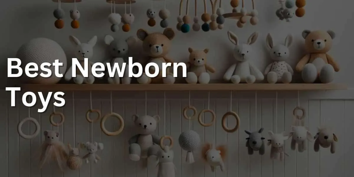 Photo of a minimalist nursery room with white walls, showcasing a wooden shelf neatly arranged with plush animal toys, musical mobiles, and textured balls specifically designed for newborns.