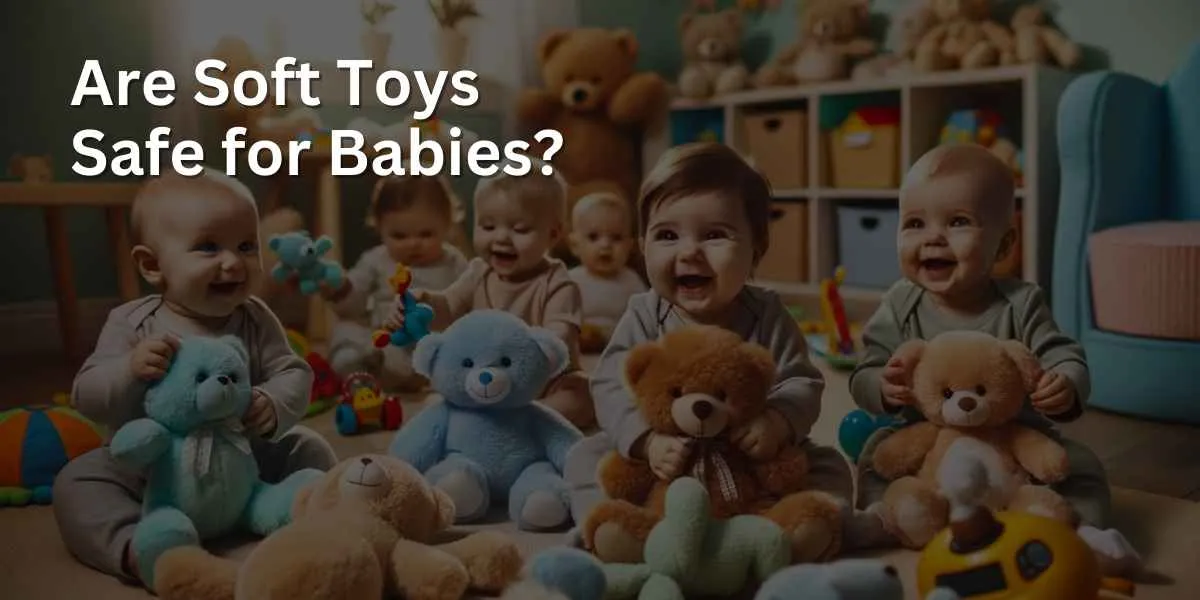 A group of babies with cheerful expressions, happily playing with a variety of plush toys, including teddy bears, stuffed animals, and soft dolls, in a brightly decorated, child-friendly playroom. The environment is warm and joyful, highlighting the babies' innocence and delight.