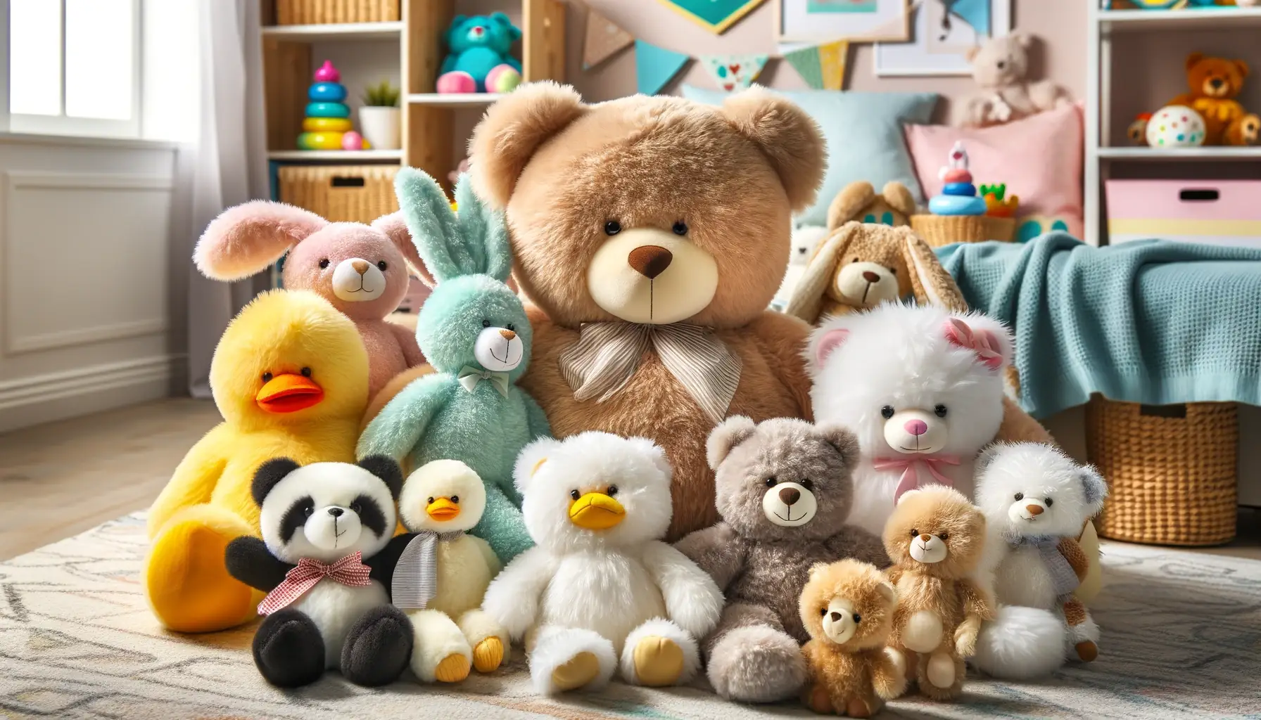 A collection of fluffy stuffed animals, including a teddy bear, bunny, duck, and panda, displayed in a child's playroom with vibrant colors and playful decor, emphasizing their plush textures and inviting appearances.