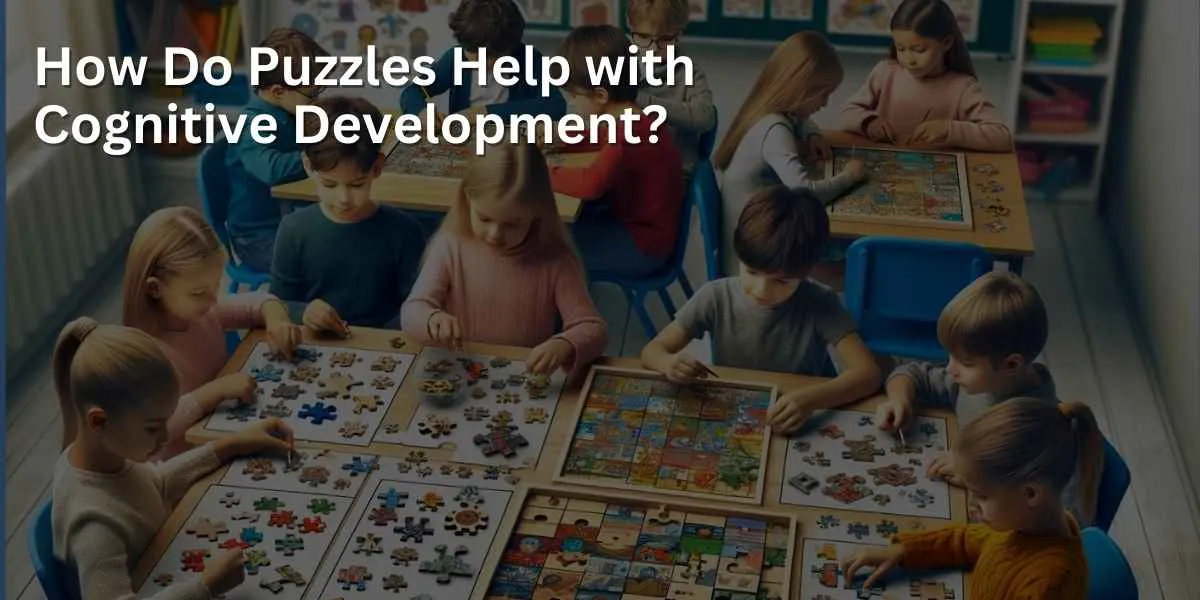 Children of various ages are depicted engaged in solving puzzles in a classroom setting. The scene illustrates cognitive development, with puzzles of different types and levels of complexity, catering to the developmental needs of the children.