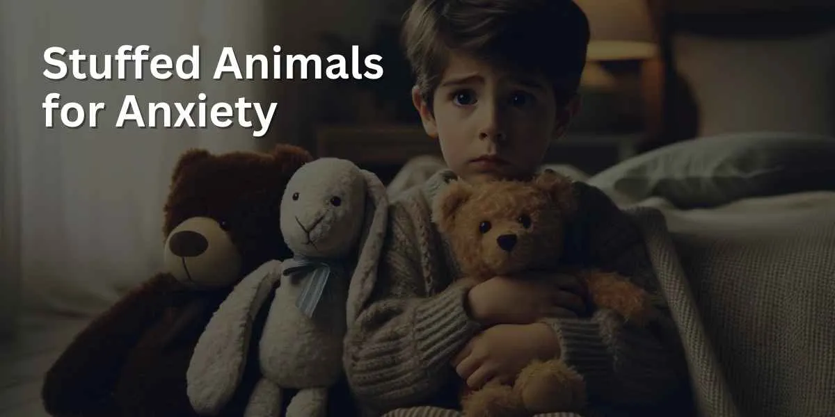 A young child, looking anxious, is comforted by hugging a collection of stuffed animals, including a teddy bear, a rabbit, and a dog. The room is softly lit, creating a cozy and safe atmosphere.